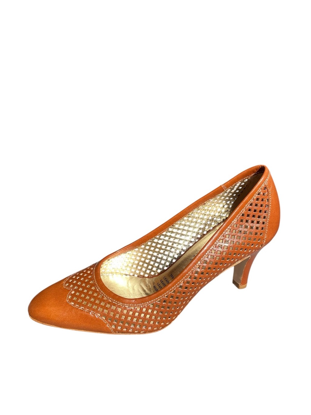 RON WHITE All Day Heels Almond-Toe Perforated Mid Heel Pumps in Cognac 37